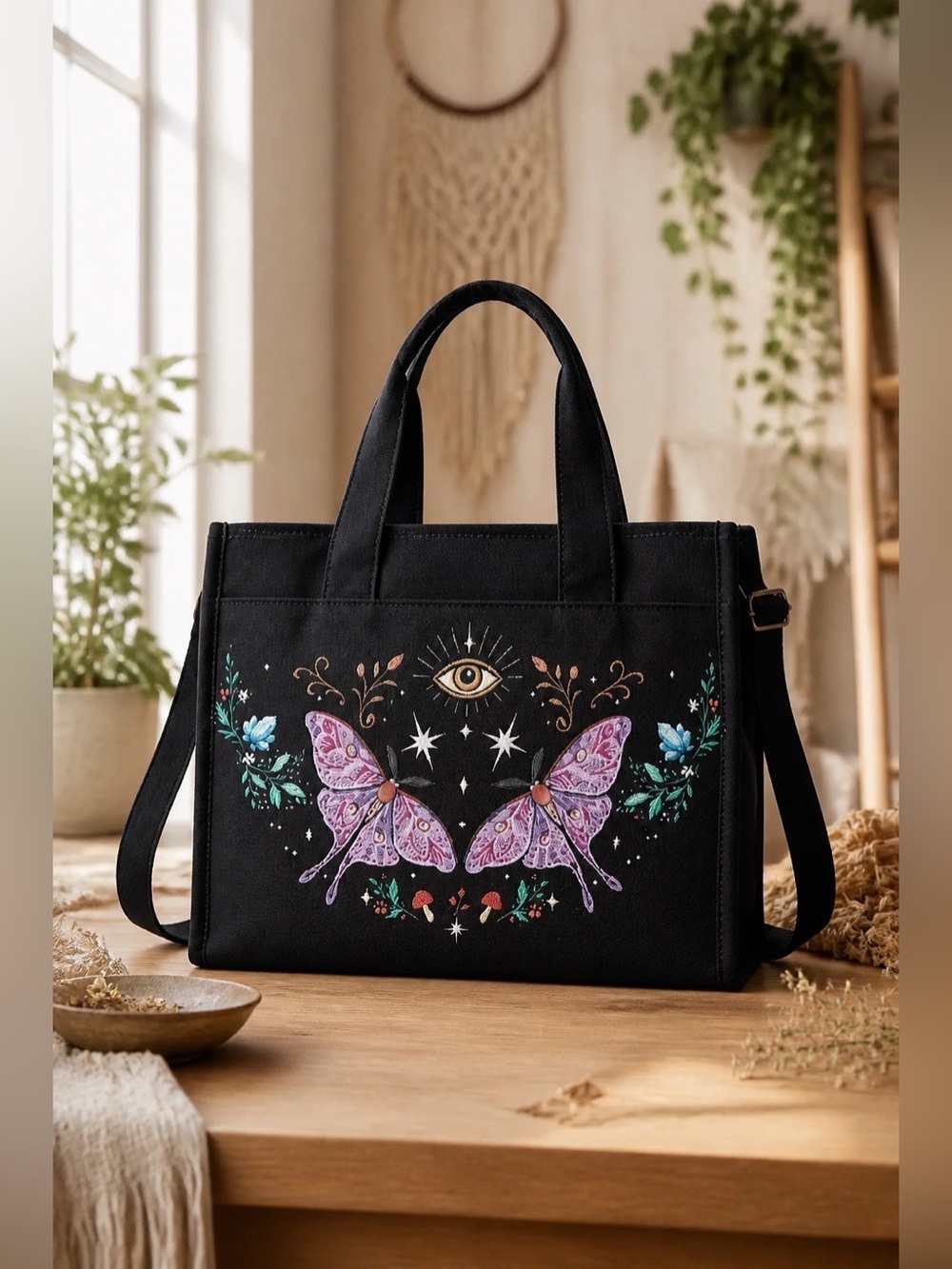 Woman’s Black Goth/Fairycore Print Tote Bag w/ Adjustable Straps